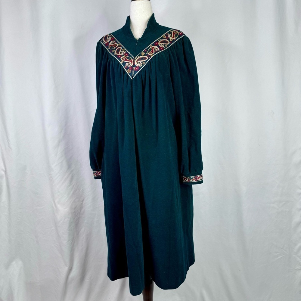 Vintage Vanity Fair Velour Housecoat zip front forest green gold metallic trim L